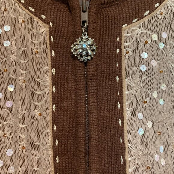 Brown Cardigan Lace Front Panels Rhinestone Zipper Pull Grannycore - Picture 4 of 10